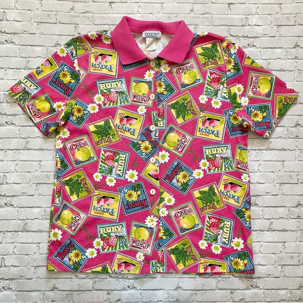 Vintage Pink Garden Fruits & Vegetables Graphic Button Down Shirt